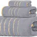 Gold Striped Coral Fleece 3-Piece Towel Set, Bath Towel Hand Towel Washcloth, Absorbent Quick Dry Home Towels Pink