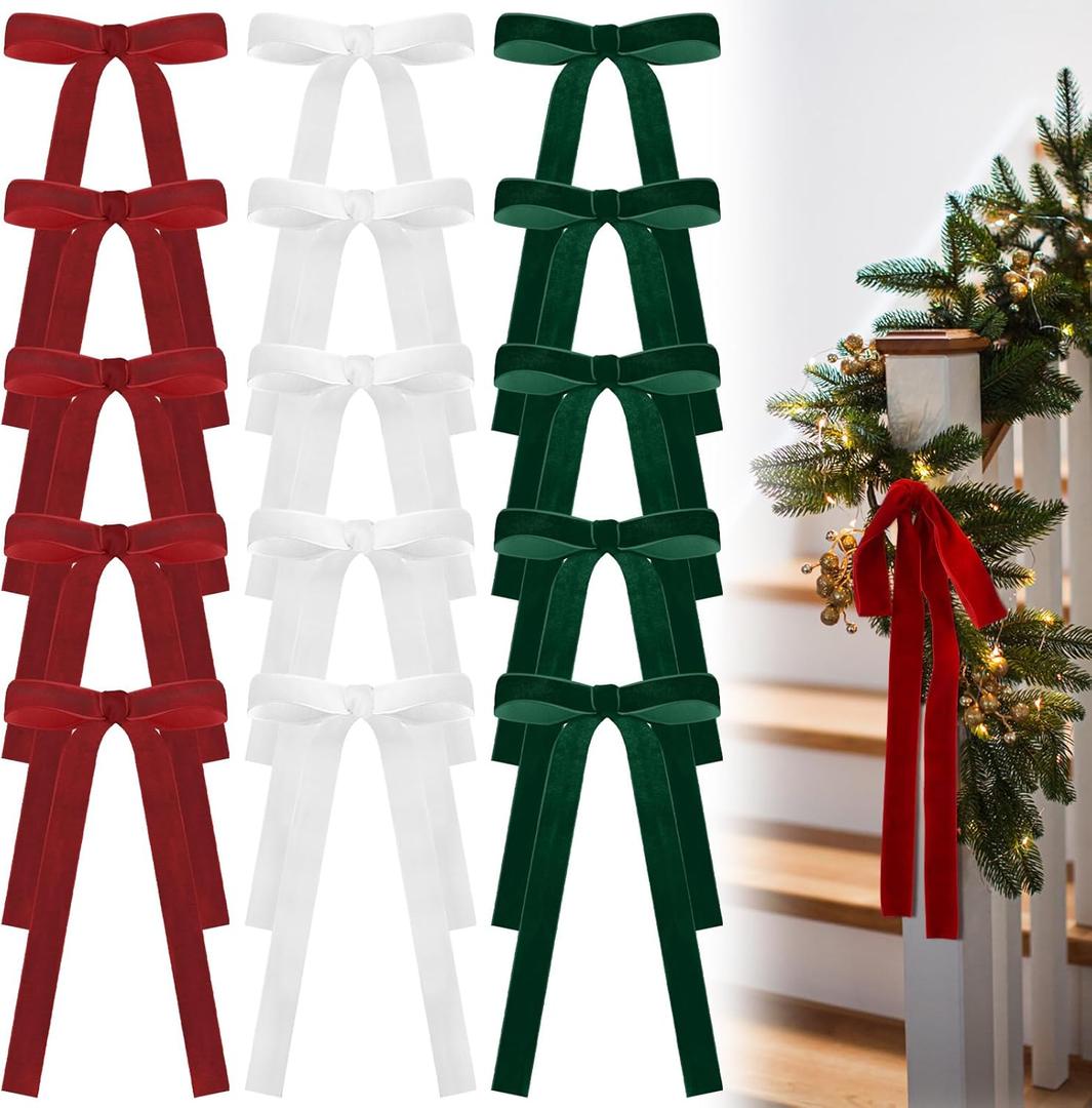 Glitinsel Red,Green,White 24 Pcs Velvet Bows Christmas Tree Ornaments Valentines Day Bows Decoration for Garland Home Coquette Wedding Decor (9 x 13 InchWidth of 1")