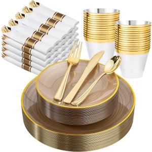 Morejoy 175PCS Clear Brown Plastic Plates - Disposable Gold Party Plates & Pre Rolled Napkins with Cutlery for 25 Guests, 50Plates, 75Silverware, 25Cups, 25Napkin for Party & Christmas