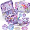 JOYIN Unicorn Tea Party Set for Little Girls, Pretend Purple Tin Teapot Set, Princess Tea Time Play Kitchen Toy with Teapot, Cup, Plate, Carrying Case for Kids Toddler Age 3+, Gift for Christmas
