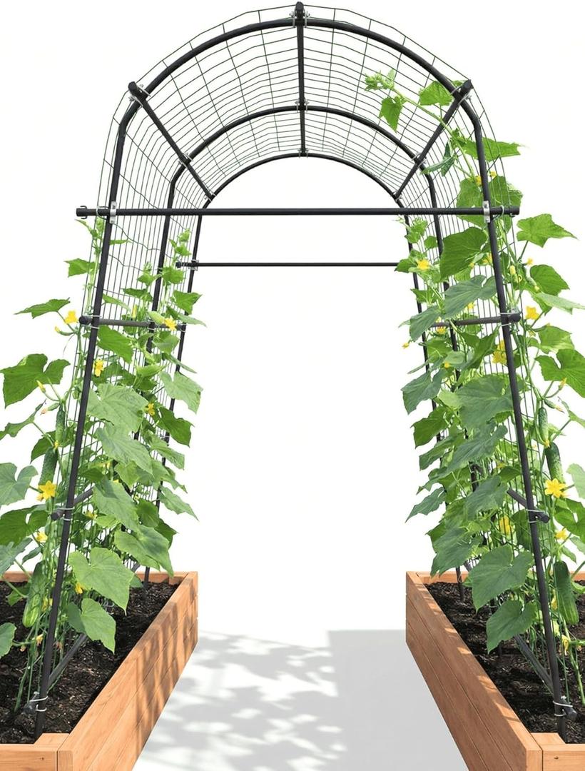 7ft Garden Arch Trellis for Climbing Plants Outdoor-Heavy Duty Metal Cucumber Trellis for Raised Beds- Tall Steel Vegetable Arbor with Strong Bolt Assembly & Outdoor-Ready Stakes (71"L70"W82"H, Black)