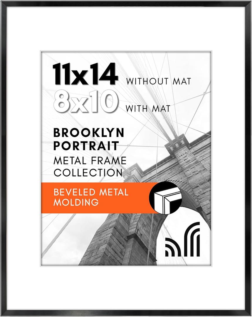 Americanflat 11x14 Metal Picture Frame with Tempered Glass - Use as 8x10 Frame with Mat or Display 11x14 Photo Without Mat - Brooklyn Collection - Picture Frames for Wall Display - Black