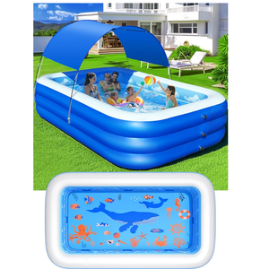 Upgraded Inflatable Blow up Swimming Pool with Canopy for Kids, Adult, Ocean Theme Oversized Thickened Family Pools for Backyard, Blue, Large, 100"x63"x22"