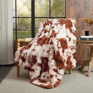 Lotus Karen Faux Fur Throw Blanket Cow Print-Light Brown, Fluffy Fuzzy Plush Bubble Blanket for Couch, 60x50 Inches Cozy Shaggy Rabbit Blanket, Luxury Decorative Gifts for Sofa Bedroom Living Room.