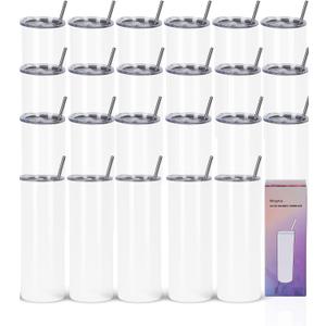 24 Pack 20 Oz Straight Skinny Tumblers,Individually Gift Boxed Stainless Steel Slim Skinny Tumbler Set Bulk, 20 Oz Insulated Slim Thin Travel Tumbler Cup for Diy, White
