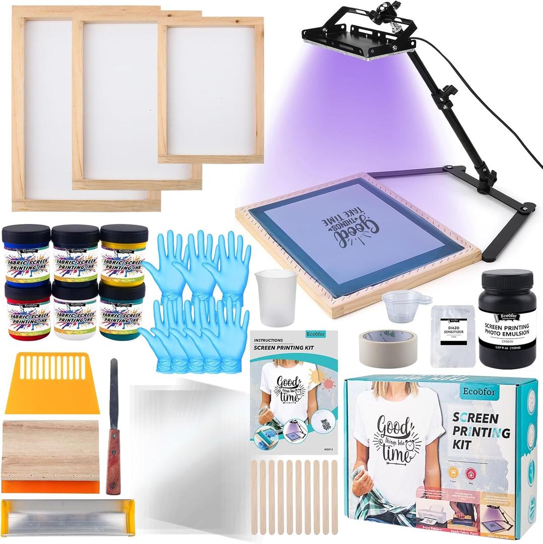 Ecoofor Screen Printing Kit  53pcs All-in-One Set with 50W UV Exposure Lamp,3 Size Wood Screen Printing Frames, 6 Colors Screen Printing Ink, 15 A4 Size Inkjet Transparency Films