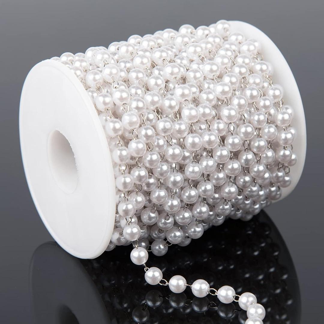 32.8 Feet Faux Pearl Chain Link 6mm Ball Pearl Silver Copper Necklace Chains Bulk with Spool for Jewelry Making DIY Craft Bracelet Choker