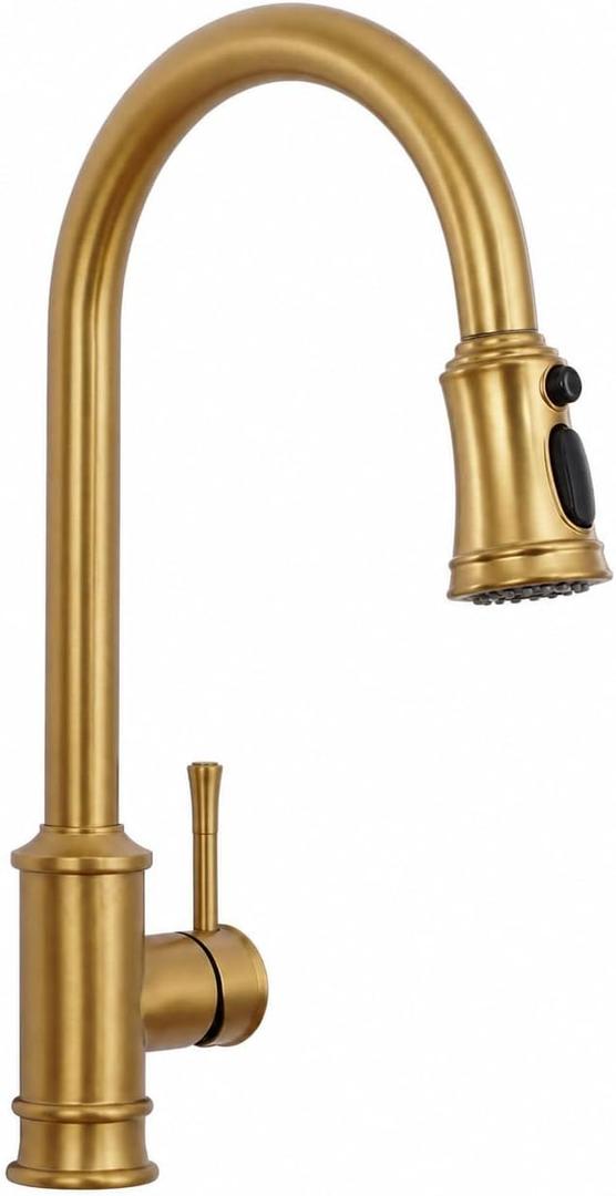 Gold Brushed Nickel Kitchen Faucet with Pull Down Sprayer, 3 Mode Sprayer
360° Swirel, Vintage Kitchen sink Faucet for Praticial Use, Antique Farmhouse Style, Deck Mount