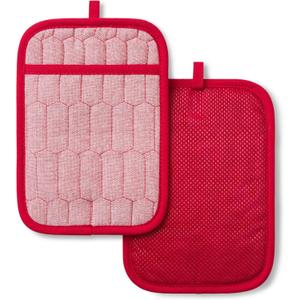 MARTHA STEWART Honeycomb Quilted Chambray Pot Holder 2-Pack Set, 100% Cotton, Flexible Non-Slip Silicone Grip, Heat Resistant, Red, 7"X10"