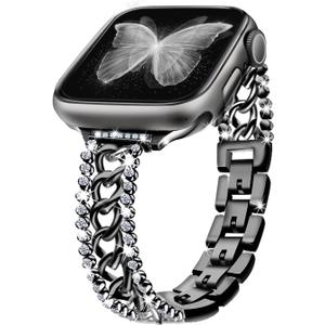 Bling Chain Bands Compatible with Apple Watch Series 8 Band 41mm 40 mm 38mm, Women Luxury Dressy Glitter Diamond Rhinestone Stainless Steel Metal Bracelet for Iwatch Series 7/6/5/4/3/2/1/SE (Black)