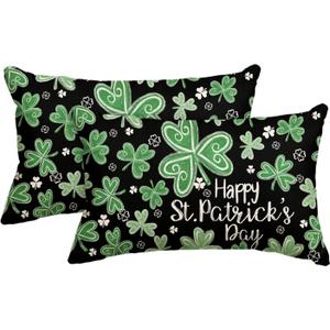 AVOIN colorlife Happy St Patricks Day Shamrock Throw Pillow Cover, 12 x 20 Inch Chalk Style Clover Cushion Case Decoration for Sofa Couch Set of 2