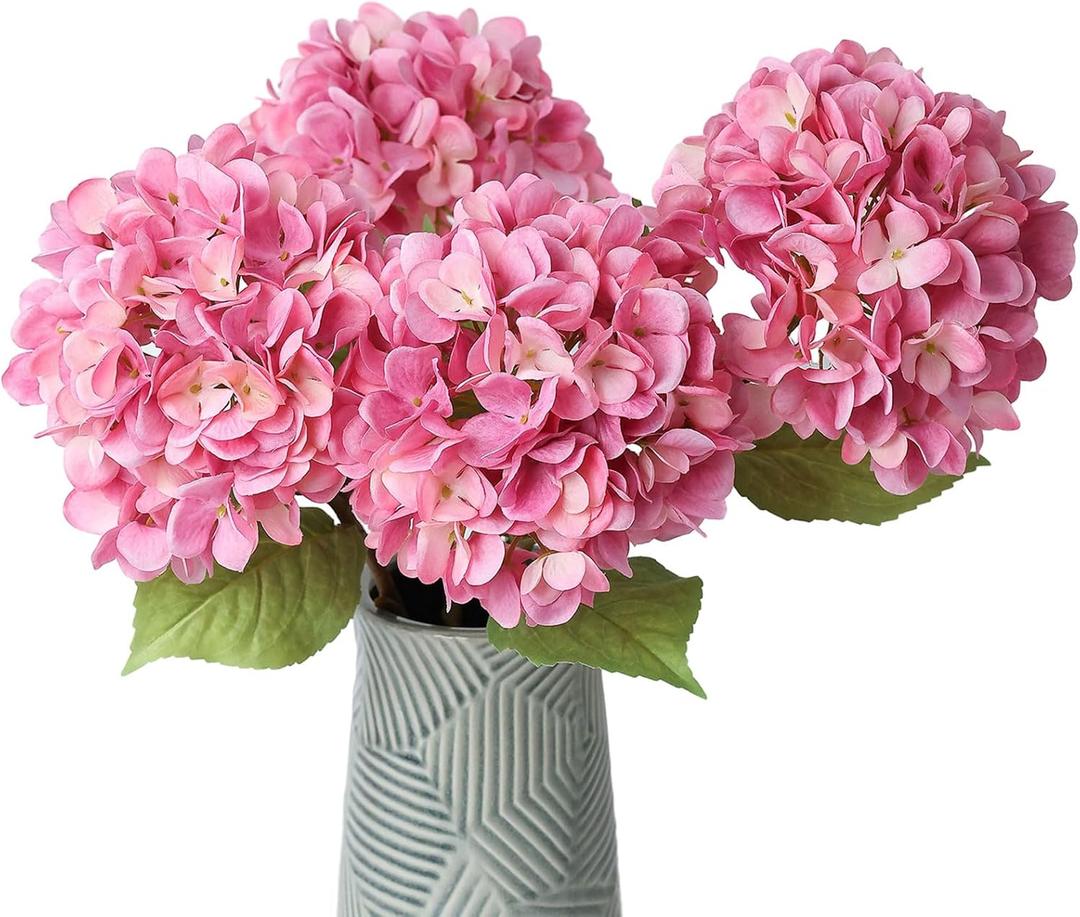 mizii 4Pcs Pink Artificial Hydrangea Flowers Large Fake Silk Hydrangea Flower with Leaves Stems Realistic Faux Hydrangeas Decorations for Wedding Table Centerpieces Vase Home Decor (Pink)