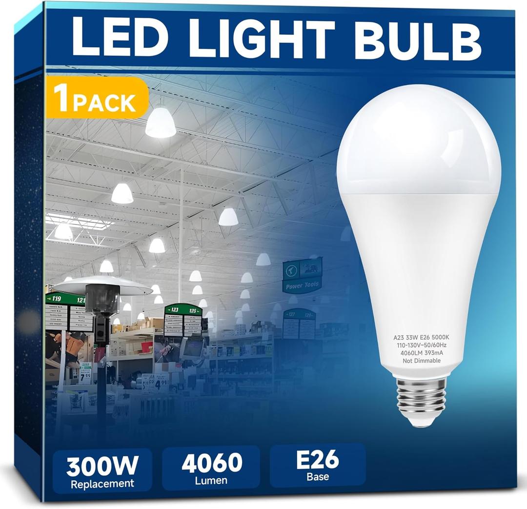 LED Light Bulb A23 300W Equivalent, Super Bright 4060 Lumen 5000k Cool Daylight White E26 Medium Base 33 Watt LED Bulb for Outdoor Indoor Lamp Area Garage Warehouse Workshop Street Backyard (1 Pack)