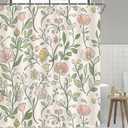 Boho Farmhouse Floral Shower Curtain, Vintage Delicate Pink Yellow Flowers & Green Leaves Print Polyester Bath Curtains, Waterproof Curtain Set with Hooks Decorative Curtains for Bathroom Bathtub (72"W x 72"L (Pack of 1))