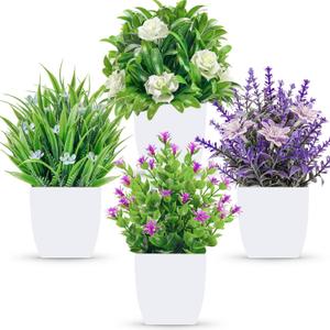 Der Rose 4 Pack Small Fake Flowers Plants Spring Decorations for Centerpiece Table Decorations Desk Home Bathroom Office Decor