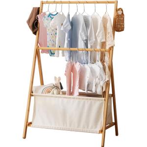 Baveke Kids Clothing Rrack- Kids Dress Up Rack for Little Girls, Bamboo Kids Clothes Rack-Feat FSC-Certified Bamboo, Toddler Dress Up Storage Rack & Folding Costume Rack, Pets Clothes Rack, Natural
