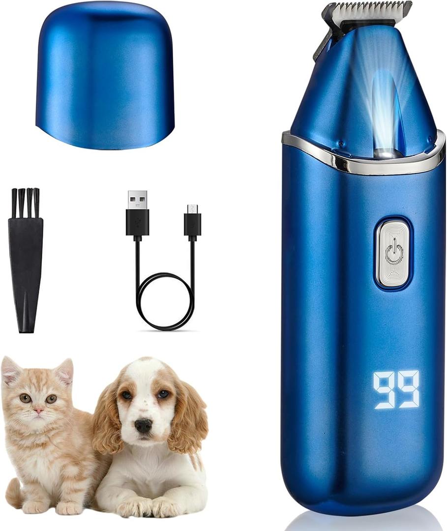 Dog Paw Trimmer, 20mm-Blade Pet Precision Trimmer, Electric Dog Hair Trimmer with LED Light, Protective Cap, Rechargeable Pet Paw Grooming Clippers for Paws, Ears, Face, Blue
