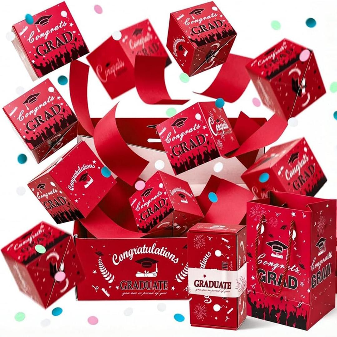 2 x 2026 Graduation Explosion Pop-Up Surprise Gift Box, DIY Bounce Money Box, Creative Memorable Graduation Surprise Present, Unique Grad Party Favor Gift Ideas (10Pcs, Red), 14 count