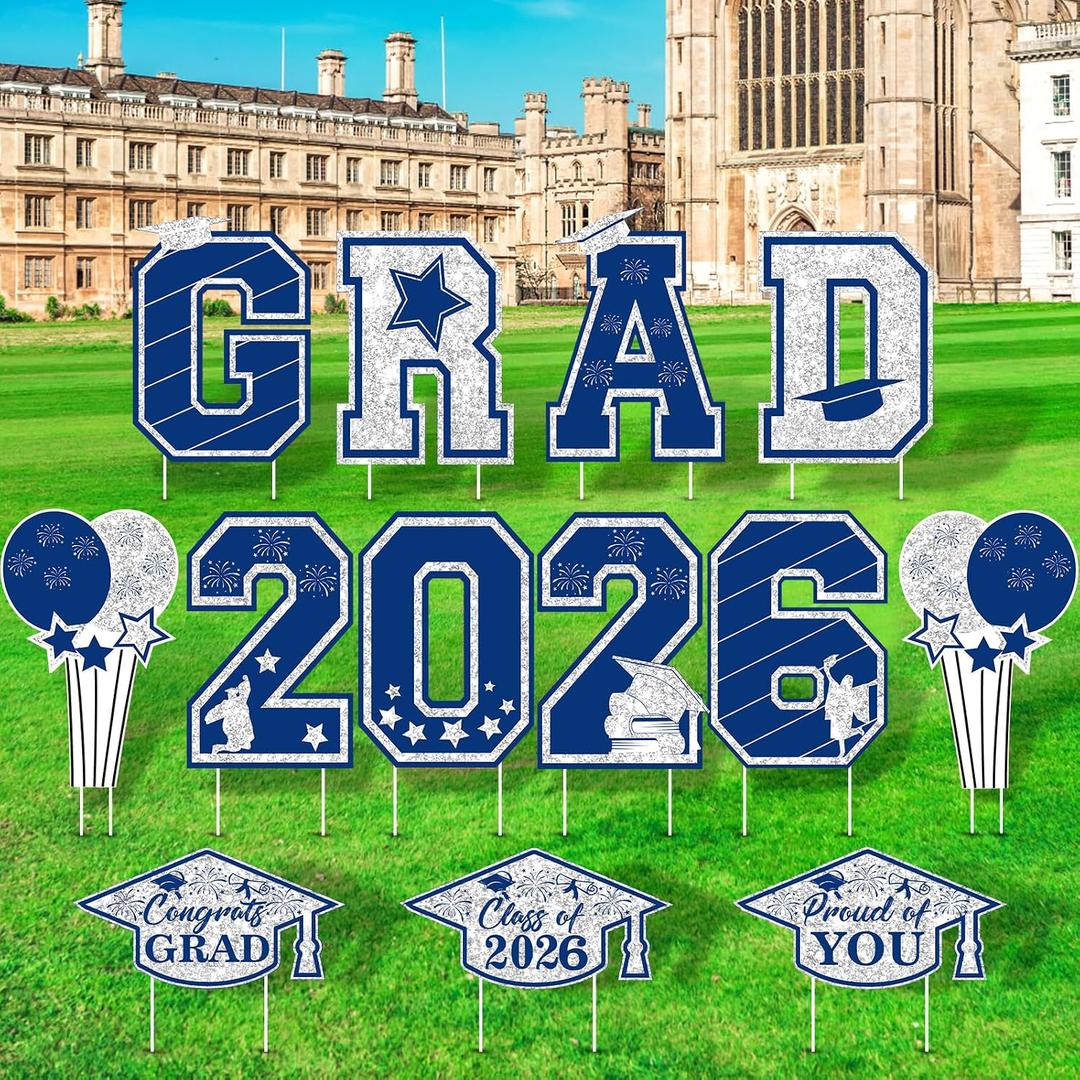 Graduation Yard Decor 13 PCS Large Navy Blue Silver Graduation Yard Sign with Stakes 2026 Congrats Grad Class of 2026 Yard Lawn Sign for College High School 2026 Graduation Parties Decorations Supplies