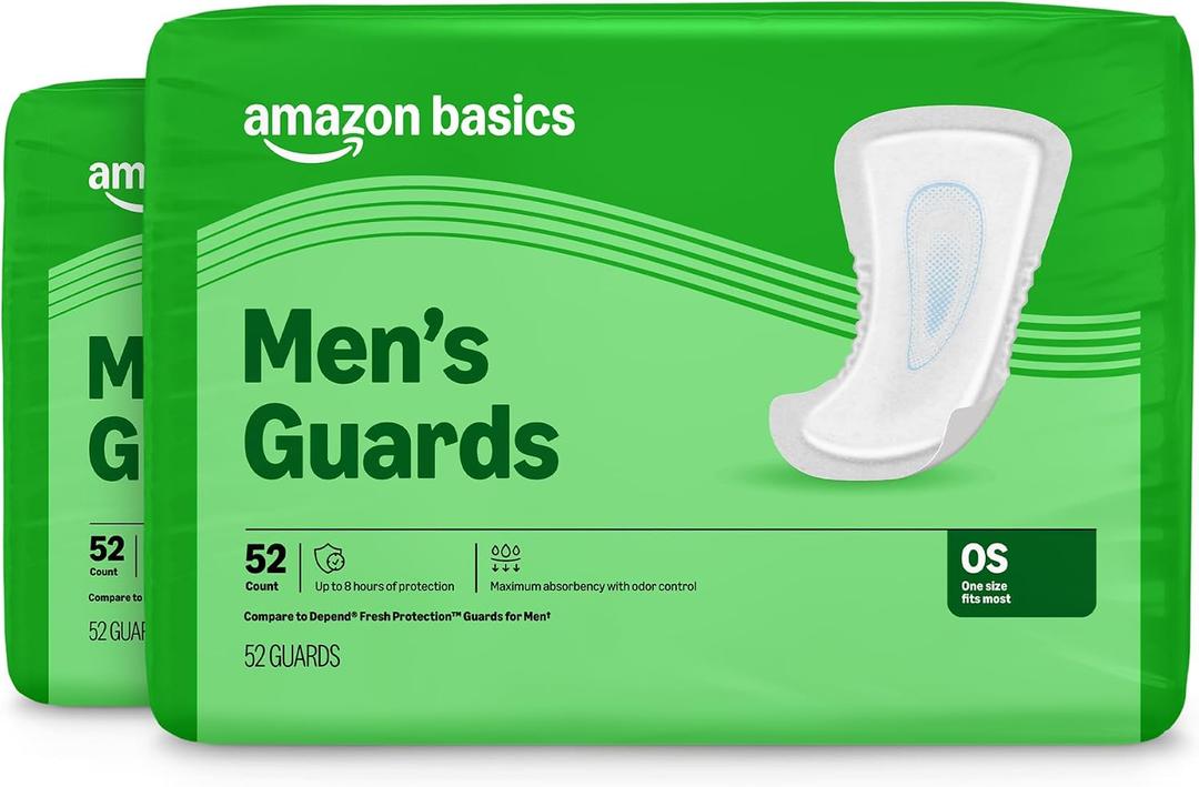 Amazon Basics Men's Incontinence Guards, Maximum Absorbency, Moisture-Wicking with Odor Protection, One Size Fits Most, 104 Count (2 Packs of 52)