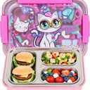 Stainless Steel Bento Lunch Box for Kids, 710ml/23.5oz BPA-Free Leak-Proof Food Containers with 3 Compartments, Back to School Students Daycare Lunches Snack Container Size for Ages 3-7 (G42. Cat)