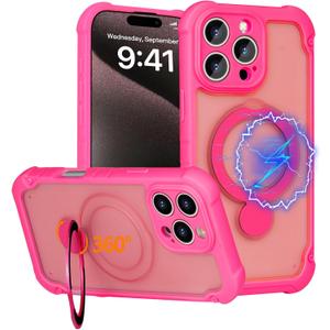 For iPhone 16 Pro Max Case MagSafe,3-in-1 [Magnetic+Kickstand+Ring Holder] [Full Camera Protection] Military Shockproof Protective Phone Case for iPhone 16 Pro Max Kickstand Cover, Hot Pink