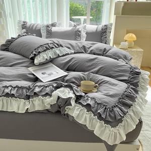 Shabby Chic 3 Pieces Bedding,Vintage Ruffled King Duvet Cover Set with 2 Layers Ruffles, Soft Brushed Microfiber Set with Zipper Closure, Lightweight Duvet Cover Set-Gray, Queen