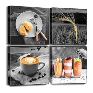 Oilpa Art Food Canvas Wall Art for Kitchen Decor Black and White Coffee Canvas Art Pictures Painting Breakfast with Drink Pints Framed Artwork Dining Room Restaurant Wall Decor 12x12 4 Pieces Set