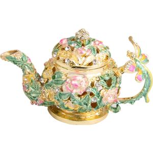QIFU Hand Painted Teapot Style Enameled Trinket Box Hinged Unique Gift for Home Decor  (Gold Green)