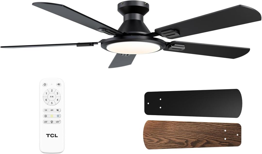 TCL Ceiling Fans with Lights, 52 Inch Low Profile Ceiling Fan with Light and Remote Control, Flush Mount, DC Reversible Motor, Noiseless, 6 Speeds Ceiling Fan for Bedroom (Black)