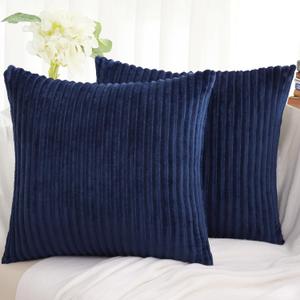 Simmore Decorative Summer Throw Pillow Covers 18x18 Set of 2, Soft Natural Plush Flannel Double-Sided Fluffy Couch Pillow Covers for Sofa Living Room, Navy Blue