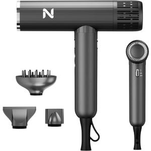 Ionic Salon Hair Dryer with 3 Attachments, 1600W Professional Blow Dryer with 110000RPM High Speed Brushless Motor for Fast Drying, Lightweight, Low Noise, Locking Function, Dark Gray