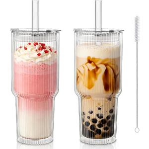 KEMORELA 28 oz Double Wall Glass Tumblers Set of 2, Extra-Wide 13mm Reusable Drinking Straws, Boba Tumbler, Wide-Mouth Water Cups for Iced Coffee, Smoothies, Boba & Tea Lovers (Ribbed)