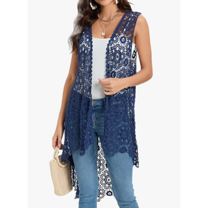 Women's Casual Long Crochet Vest Loose Fit Boho Lace Cover up High Low Sleeveless Cardigan One Size