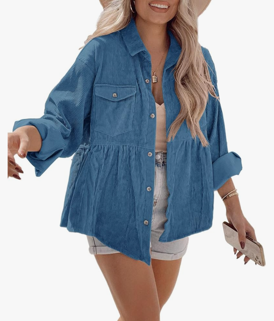Tutorutor Womens Corduroy Shirts Casual Long Sleeve Button Down Blouses Tunic Babydoll Dress Loose Pocket Jacket Shackets (No size)