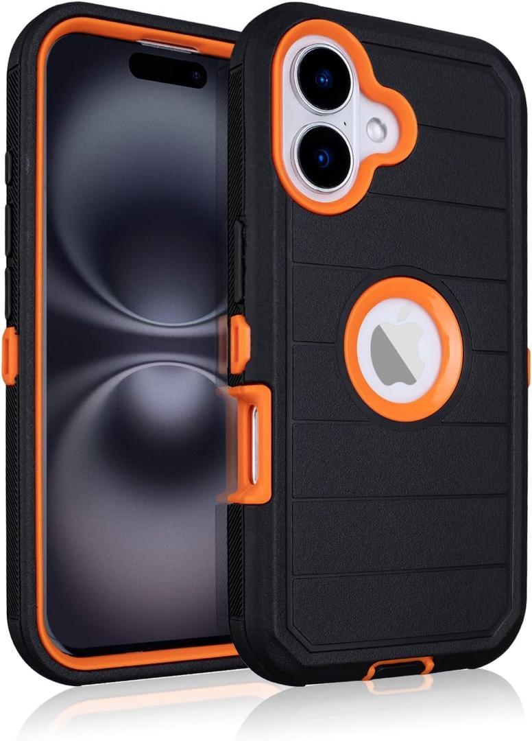 for Phone Case iPhone 16 Case Defender, 3 Layers of Sturdy,Rugged Full-Body for iPhone Case 16,for Black iPhone 16 Case Heavy Duty, Anti-Drop,Shockproof Cover for iPhone 16 (Black & Orange)