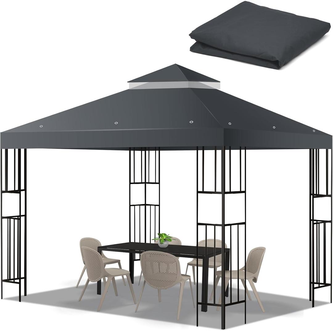 10x10 FT Gazebo Replacement Top, Canopy Replacement Cover Double Tiered for Outdoor BBQ Roof Cover Grill Shelter (Dark Gray)