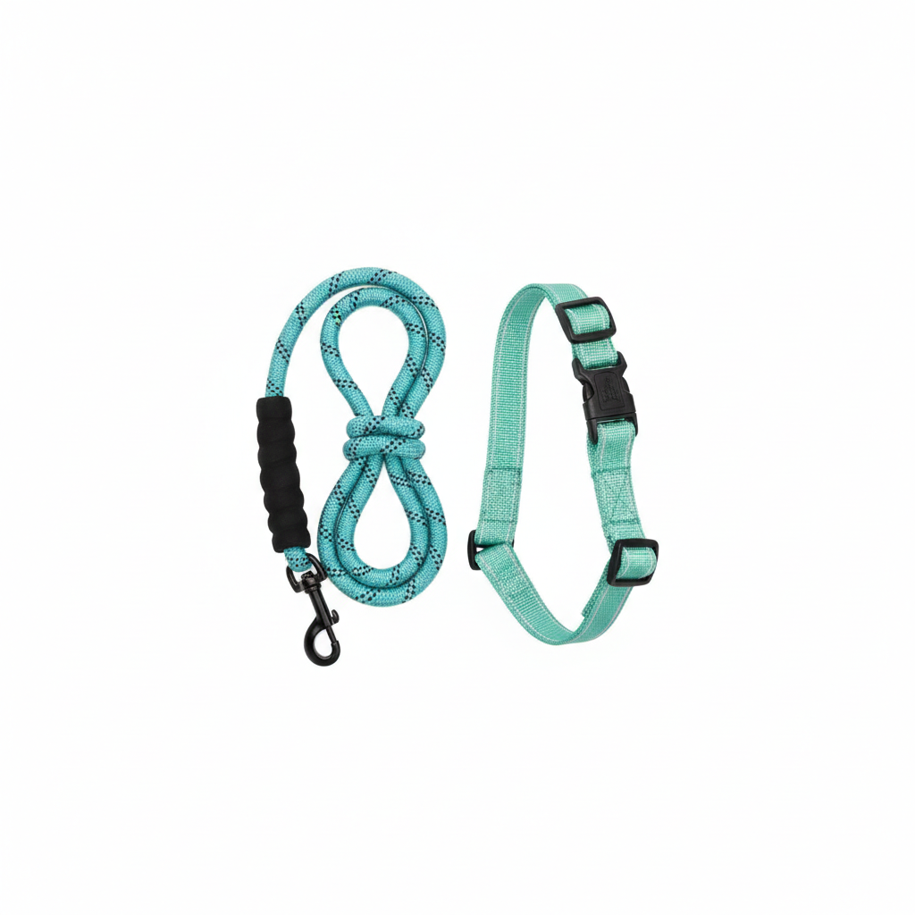 Jieffifa 5FT Dog Leash & Adjustable Collar,Heavy Duty Dog Leash with Padded Comfort Grip Strong Reflective Night Safe Rope for Medium Large Dogs Running, Backpacking, Urban Night Walks (Teal Blue, L)