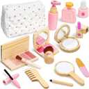 Wooden Makeup Toy Set for Toddler [2026] Play Makeup Kit for Girls 3-5 with Pretend Wood Lipstick/ Mirror/ Brushes/ Cosmetic Set Beauty Girl Birthday Gift Age 3 4 5 6