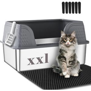 Suhaco XXL Stainless Steel Litter Box with High Sided Deep Side Entry Deep Extra Large Metal Litter Box Included Mat & Scoop Anti-Urine Leakage Cat Litter Boxes for Big Cats (Grey)