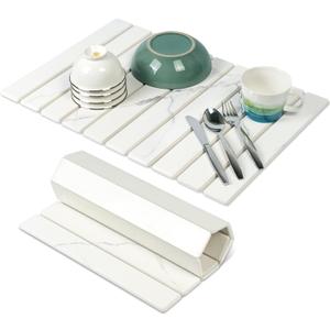 Large Stone Drying Mat for Kitchen Counter - 24"x16"Quick Drying Fast Absorbent Non-Slip kitchen Dish Drying Mats, Friendly Foldable Diatomaceous Earth Mats for Dishes Cups,Match Any Countertop (White)