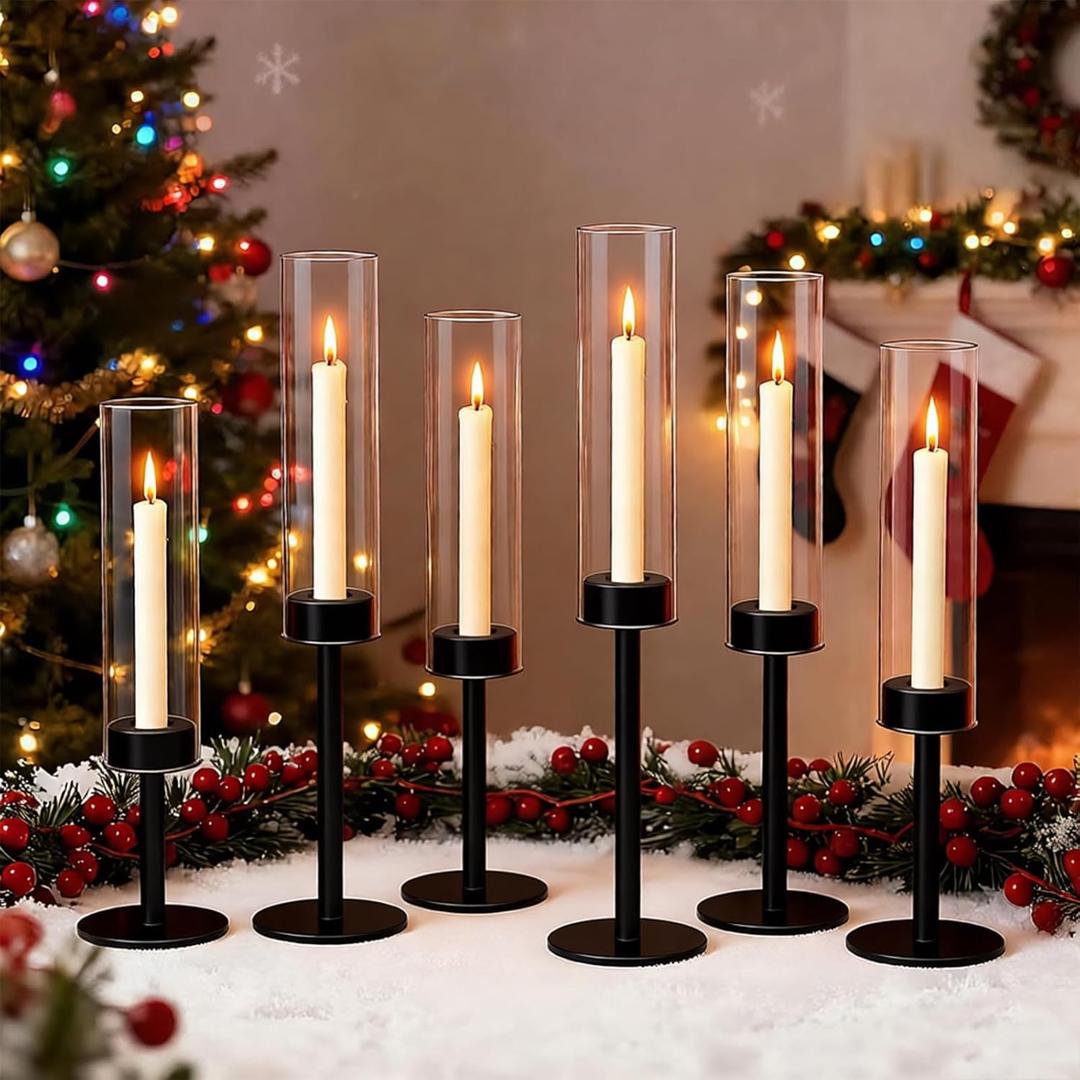 6 Black Candle Holders Set  Modern Candlestick Holders for Dining Room Decor, Candle Stick Holder Set for Weddings, Centerpieces for Tables, Gift for Home Decor, Coffee Table Candle Holder Decor
