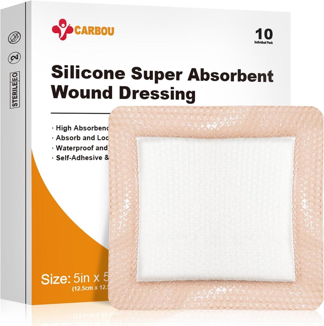 Carbou Silicone Super Absorbent Wound Dressing 5"x 5", 10 Individual Pack, Self-Adhesive Waterproof Bandage, Soft Highly Absorbent Dressing for Wound Care, Burns, Bedsores, Traumas & Surgical Wounds