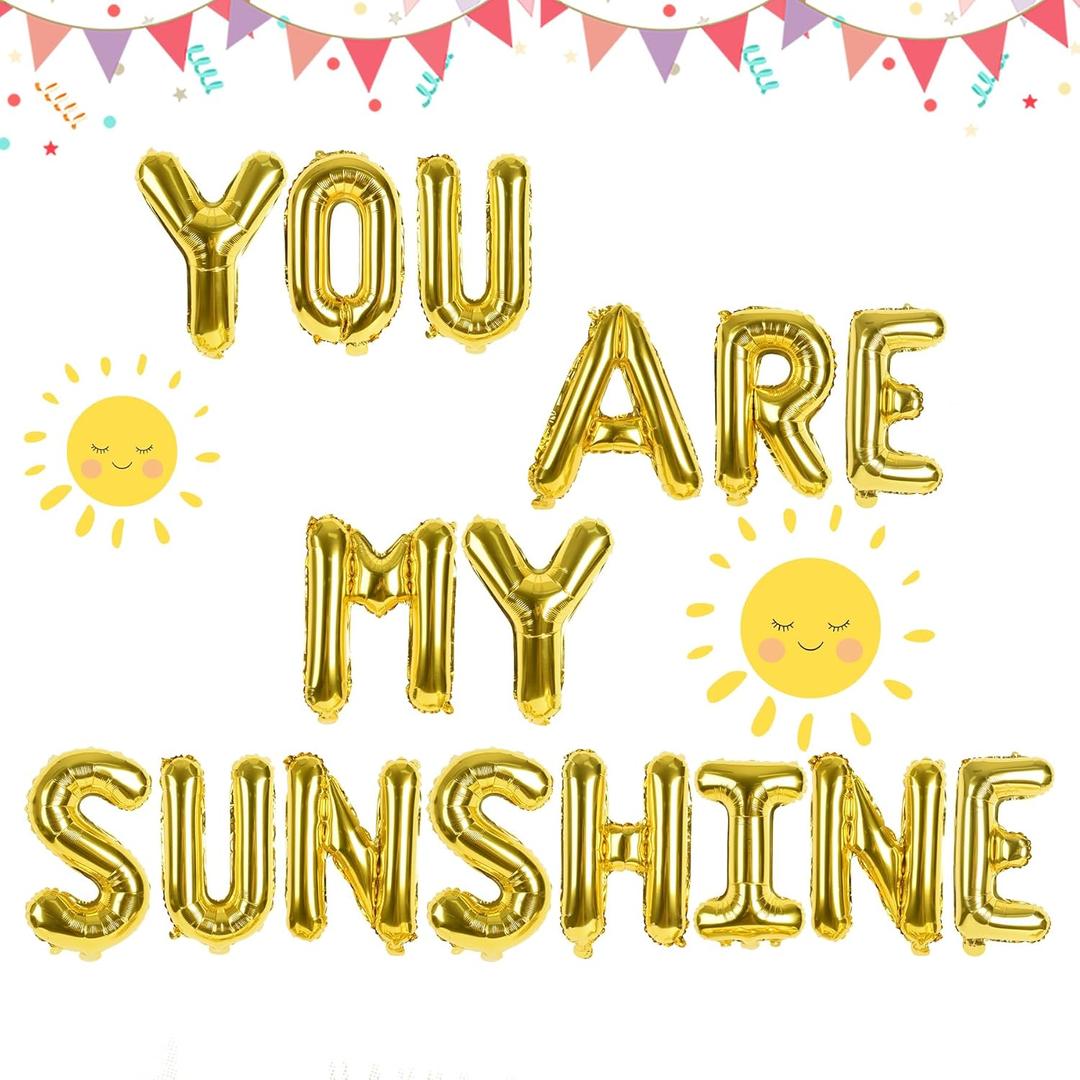 16pcs Gold Foil Letter Balloons - You Are My Sunshine - Baby Shower, Birthday, Theme Party - Unisex Adults and Children