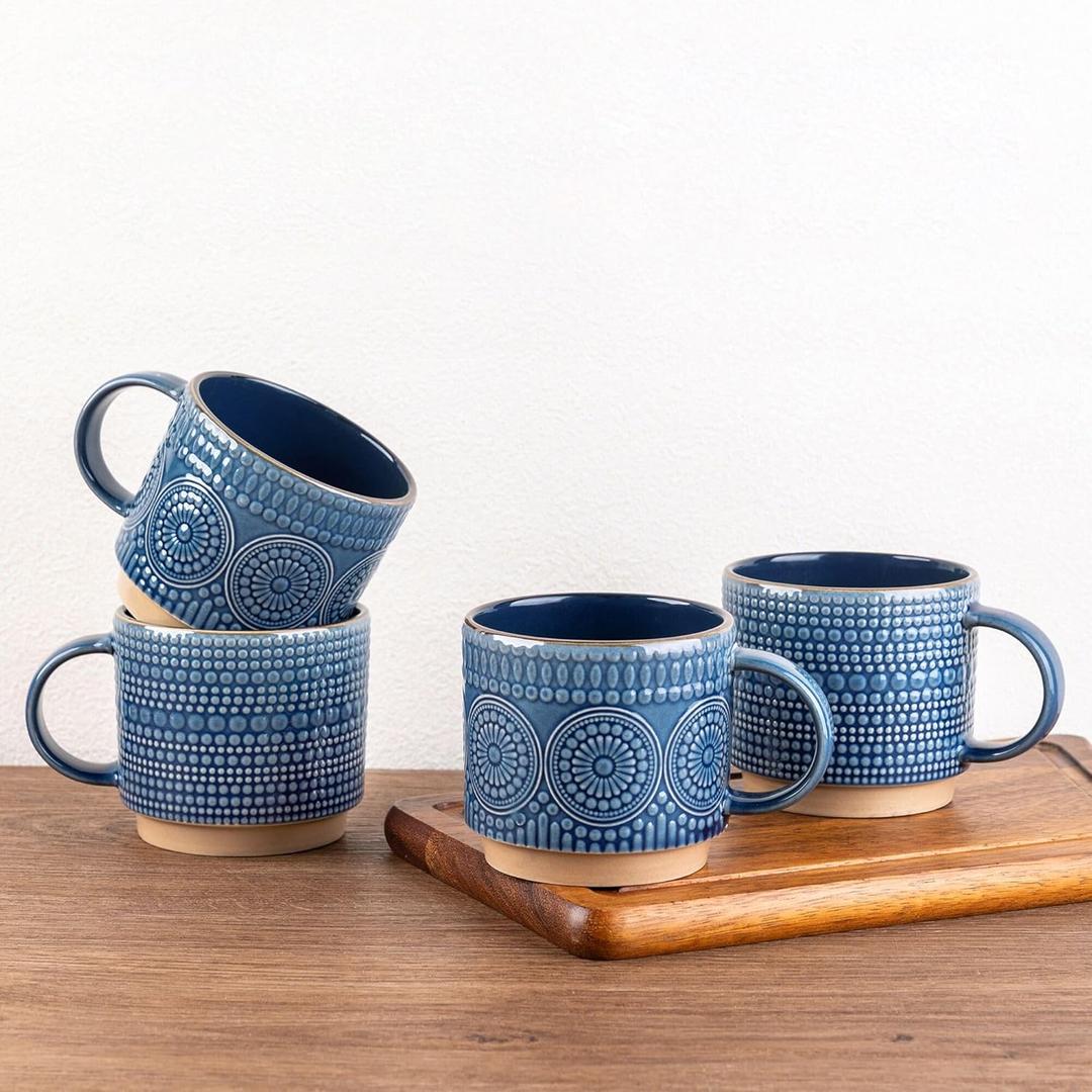 GBhome 12OZ Stackable Coffee Mugs, Ceramic Coffee Mugs with Texture Patterns for Man,Woman,Dad,Mom, Modern Coffee Mugs Set of 4 for Latte/Cappuccino/Cocoa. Dishwasher&Microwave Safe (Moonlight Blue)