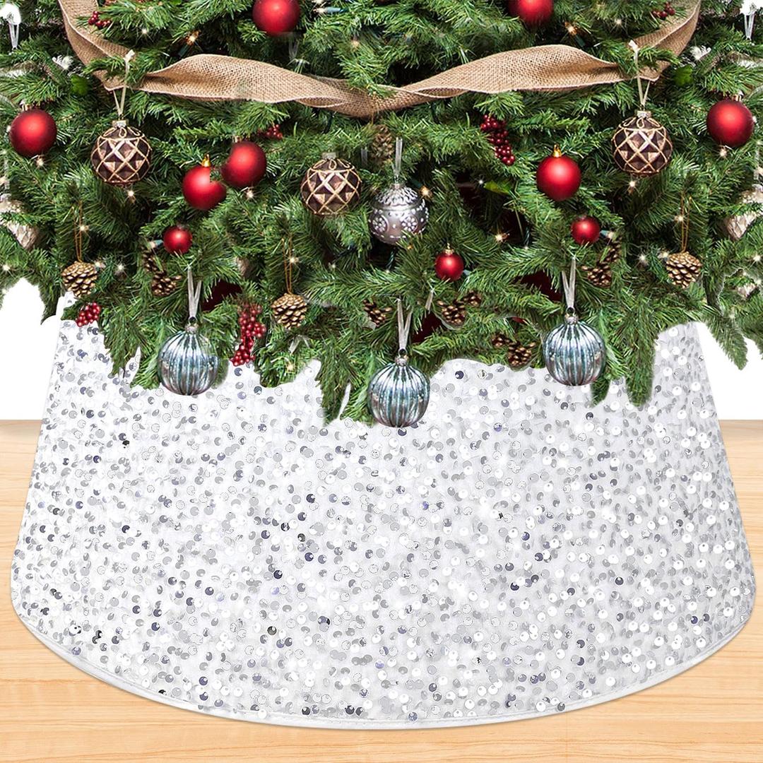 Shiny White Christmas Tree Collar 23.6 Inches Velvet Xmas Tree Base Sparkly Sequin Tree Skirt Box Artificial Christmas Tree Stand Covers Round Santa Tree Collars for Xmas Pine Tree Decorations