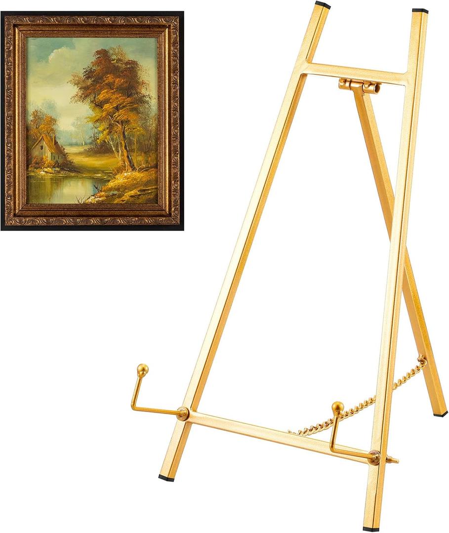 Leinuosen Metal Easel Stand 16.5" H x 8.7" W x 4.3" D Table Top Easel Stand for Display Tripod Art Picture Mirror Modern Plate Holder for Display Book Photo Wedding Sign(Gold,1 Pcs)
