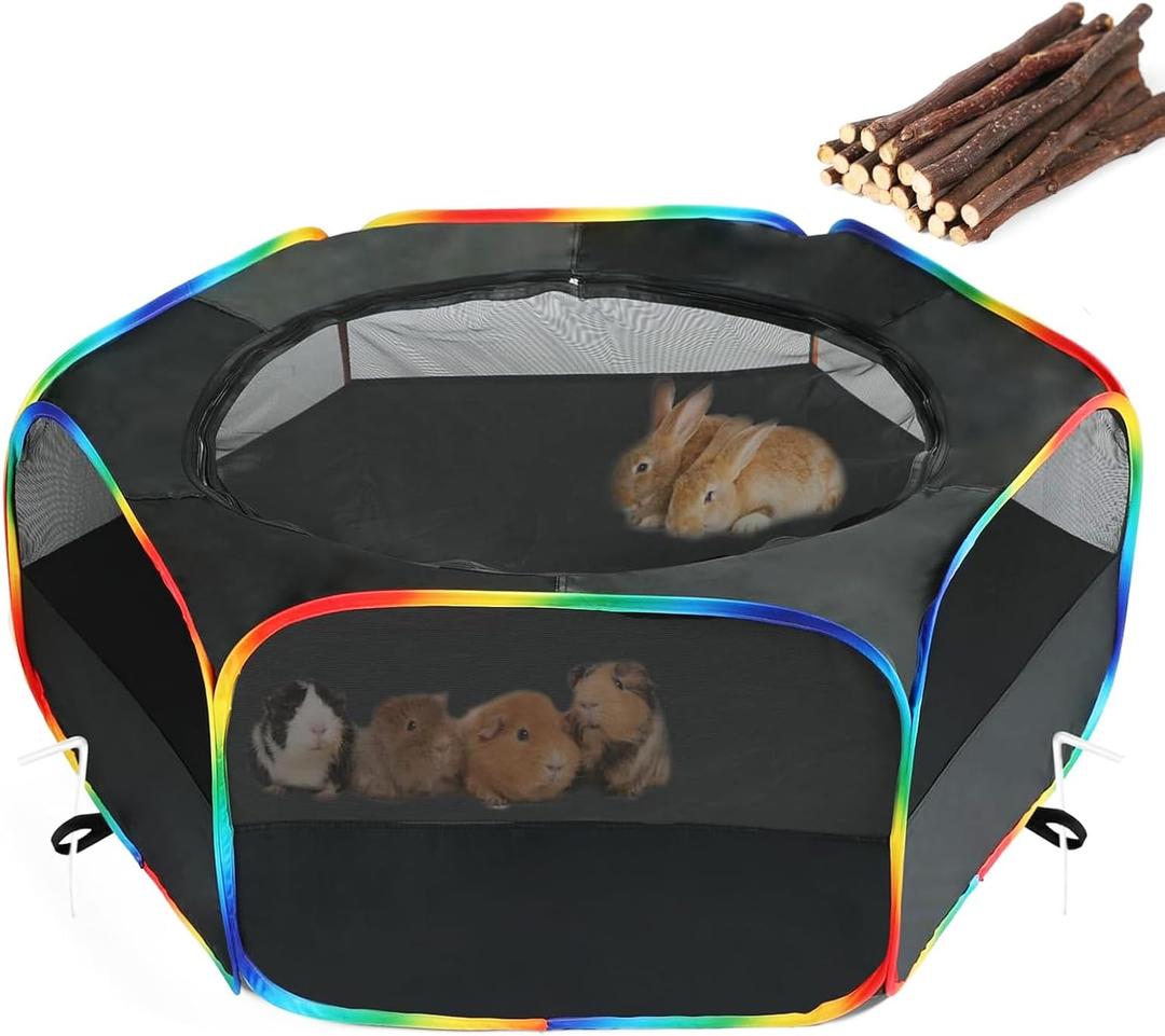 LUCKITTY Small Animal Playpen, Chick Brooder Box, Guinea Pig Hamster Indoor Playpens & Outdoor Pet Cage Tent with Cover Top, for Kitten/Ferret/Hedgehog/Rabbit/Duckling, Black & Rainbow