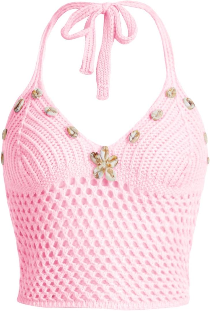 Verdusa Women's Hollow Out Shell Appliques Cami Tie Back Knit Crop Halter Top Pink Large