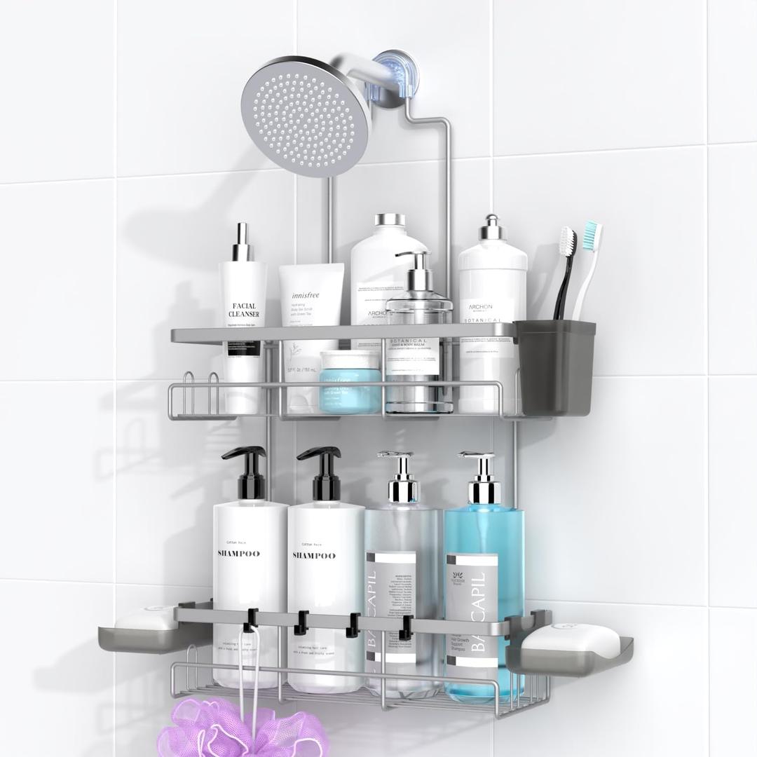 Shower Caddy Hanging Bathroom Organizer: Rustproof Shelf for Inside Shower - No Drilling Racks Over Showerhead - Bath Shelves for Shampoo Soap (Silver)